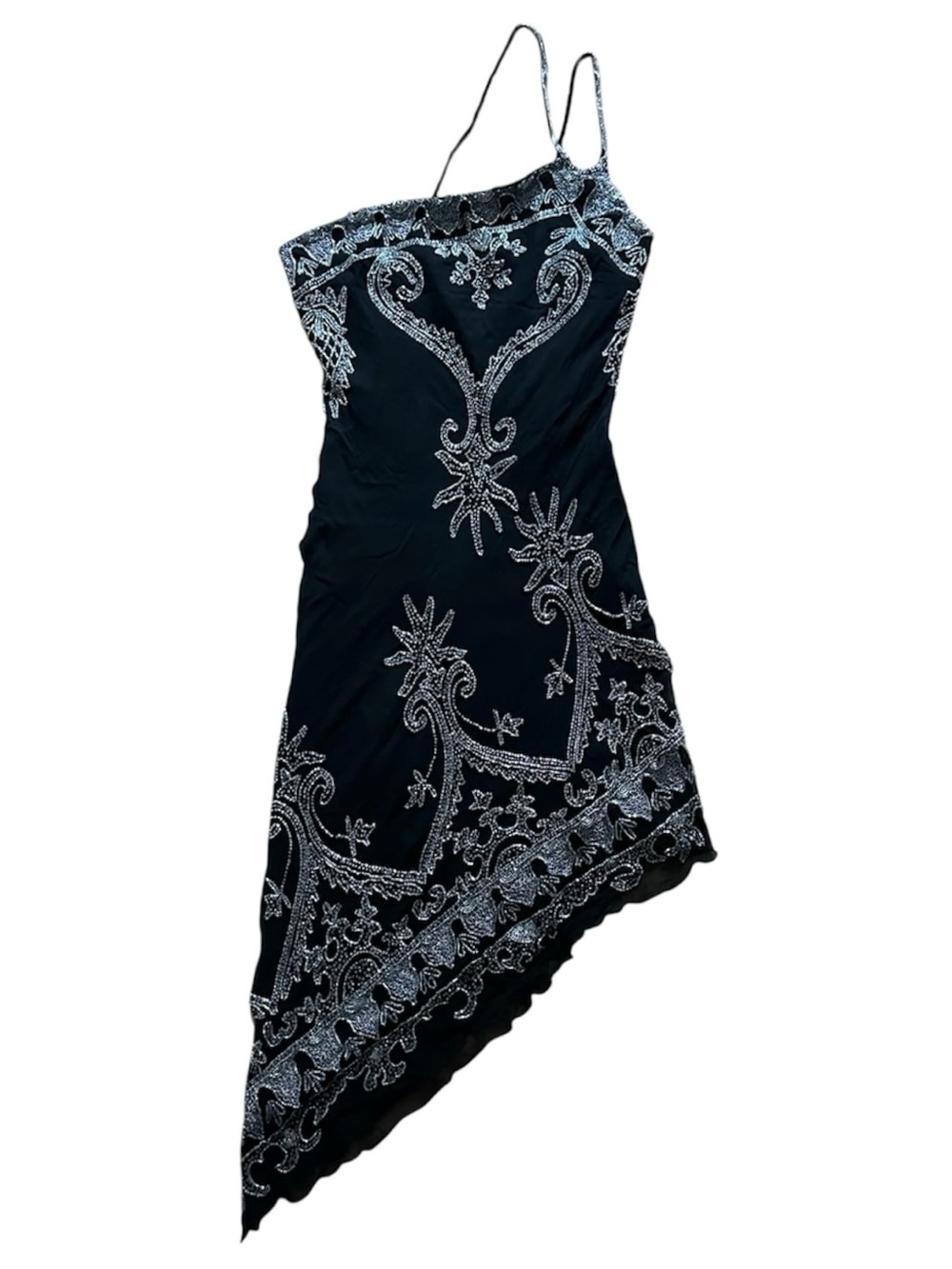 Vintage Y2K Floyd Black Silk Beaded Asymmetrical One Shoulder Midi Dress